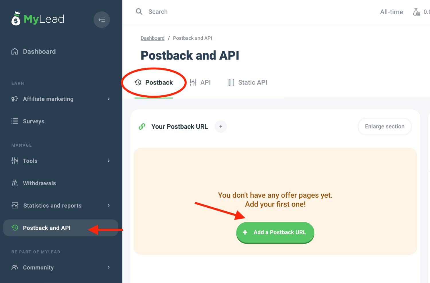 Add MyLead postback URL 1