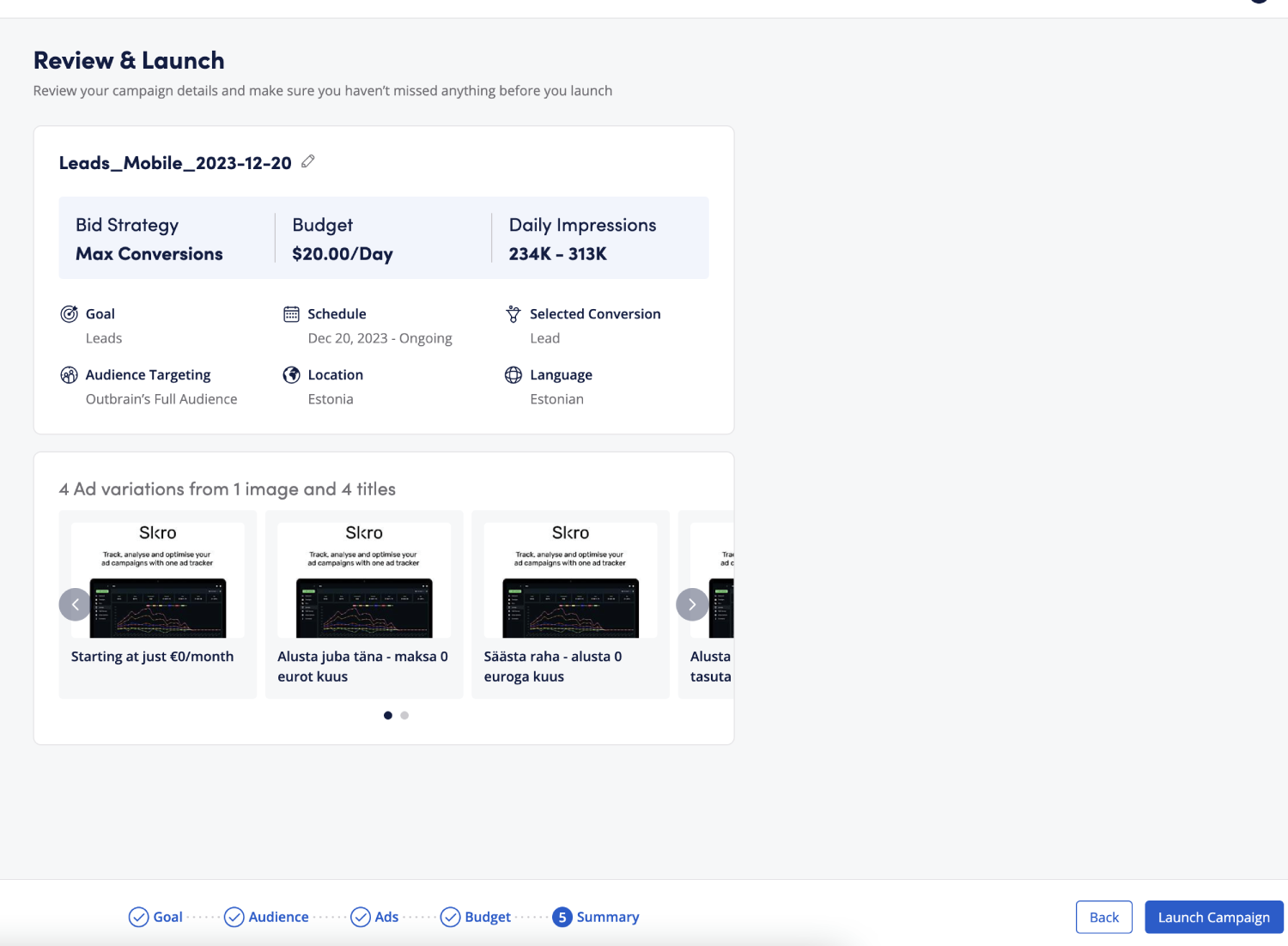 Setup Outbrain Campaign