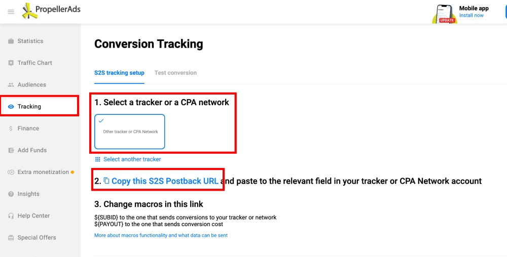 Setup PropellerAds conversion tracking step 1
