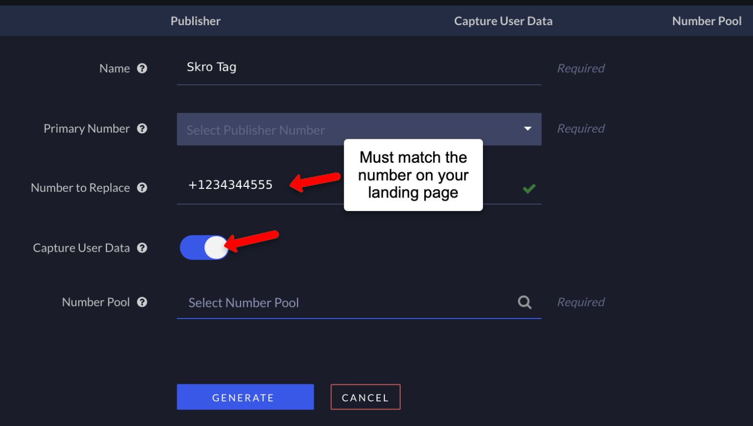 Fill call tracking tag form in Ringba