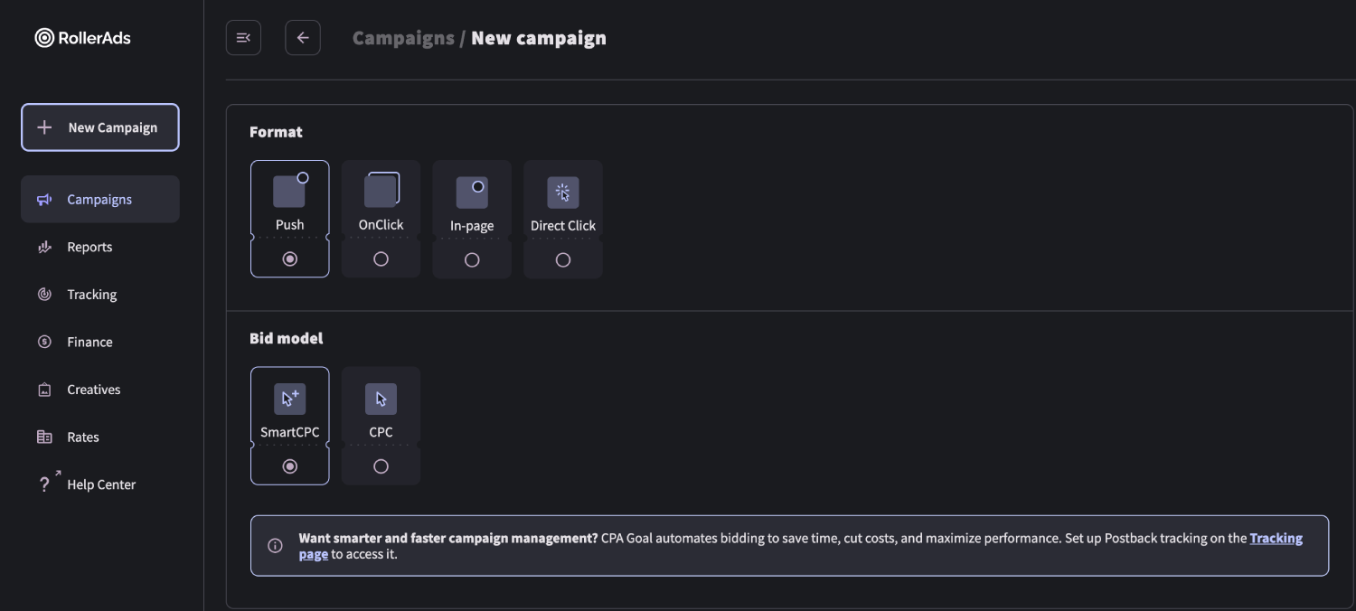 Step 2. Create a campaign on RollerAds.
