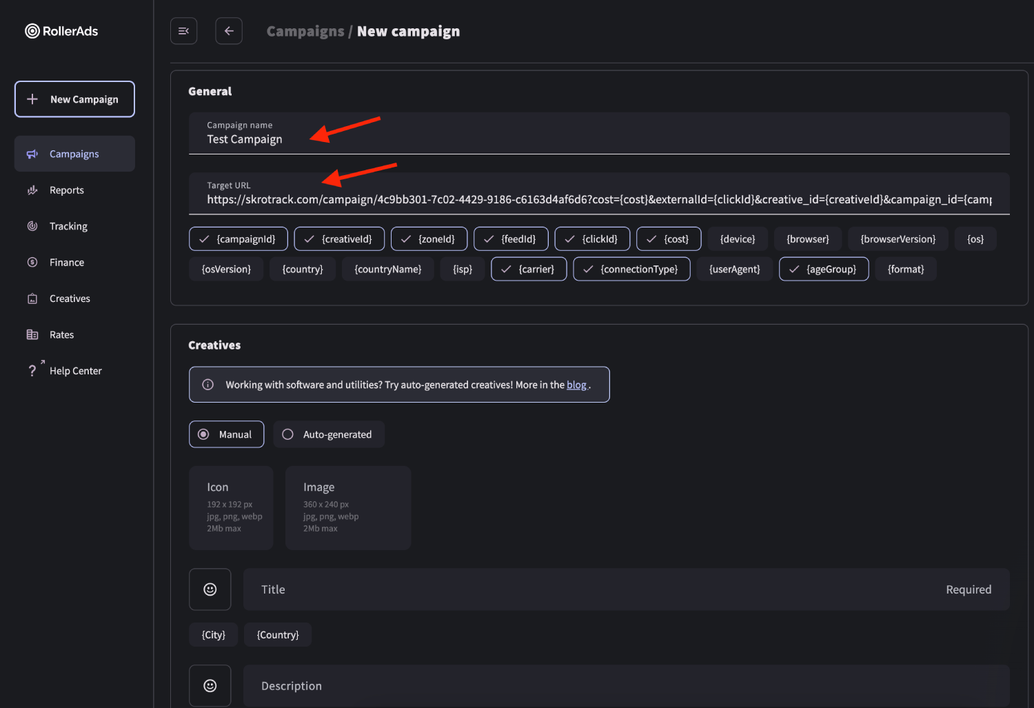 Step 3. Create a campaign on RollerAds.