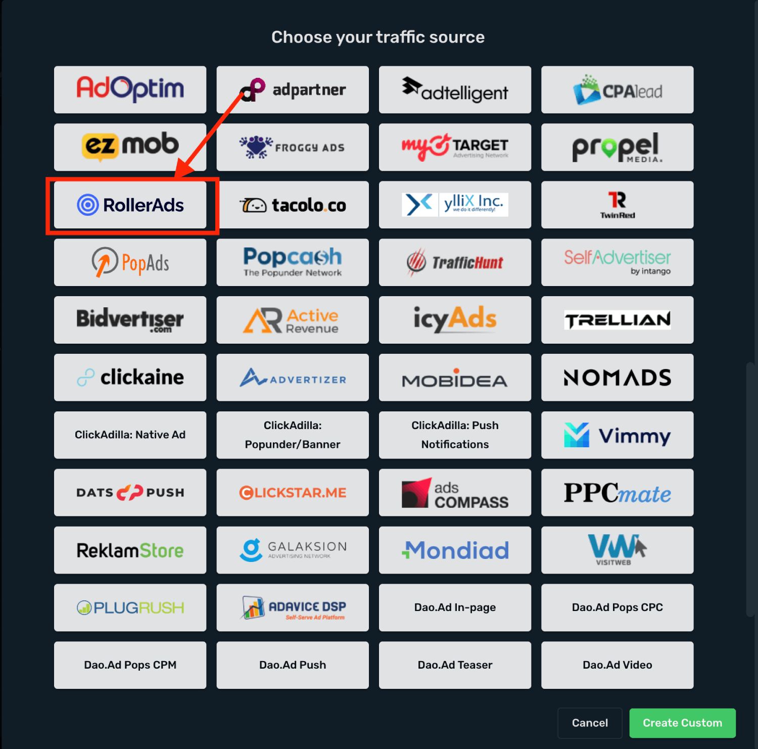 Choose RollerAds on the list