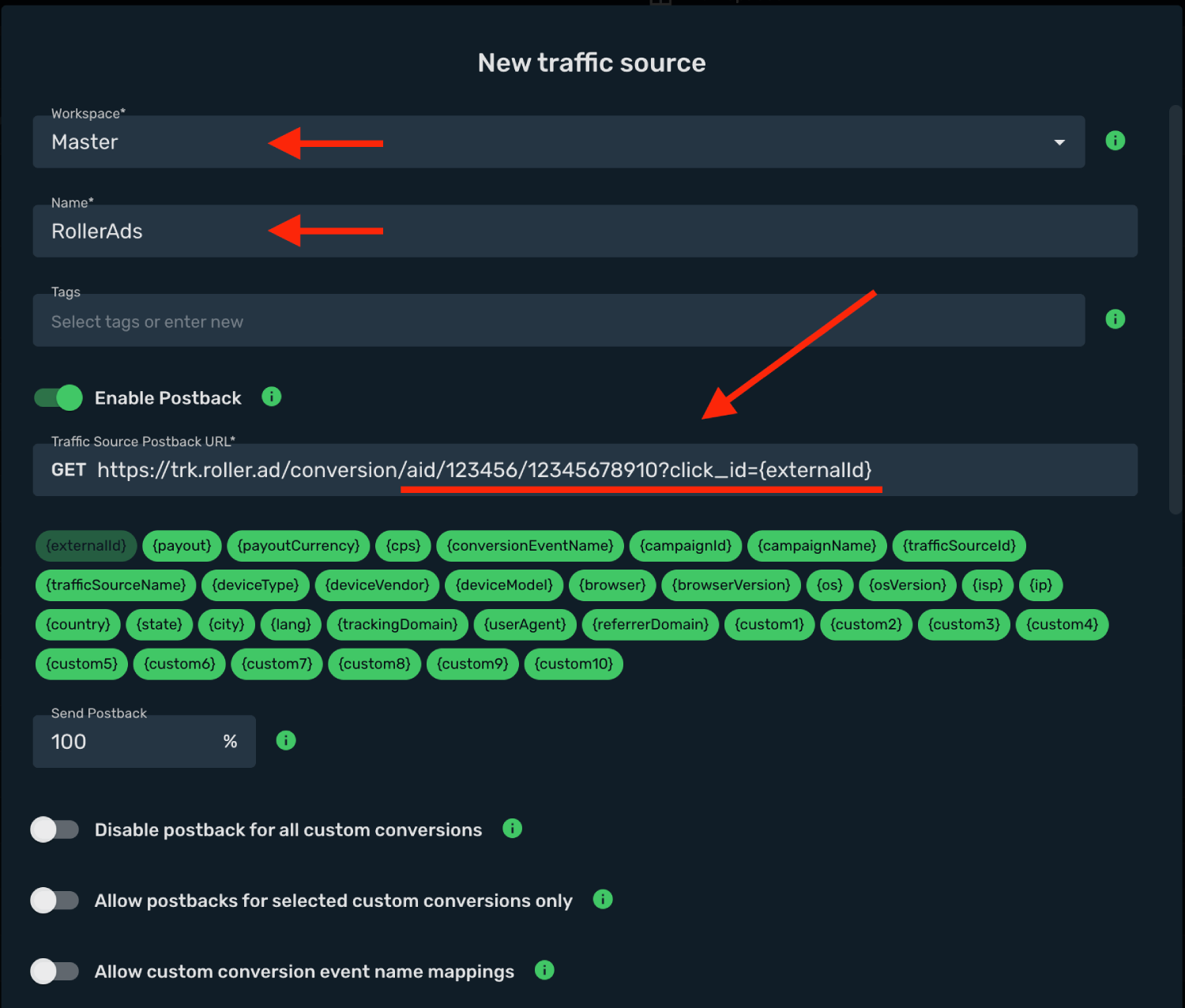 Set RollerAds postback URL