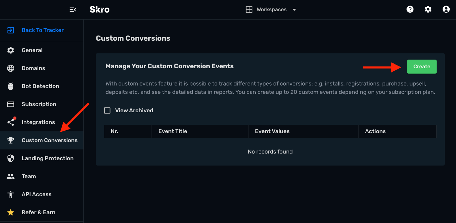 Custom Conversions view