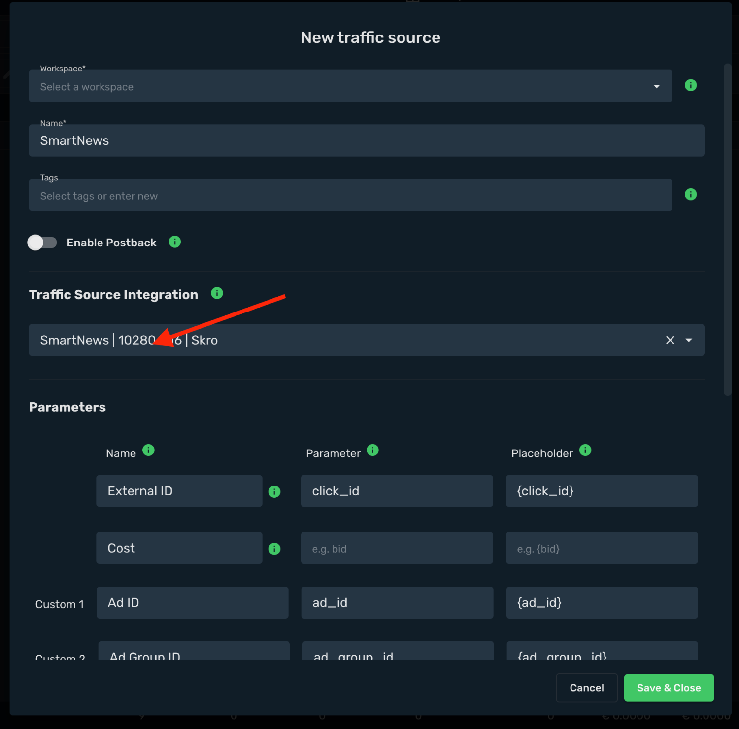 Setup SmartNews traffic source step 3