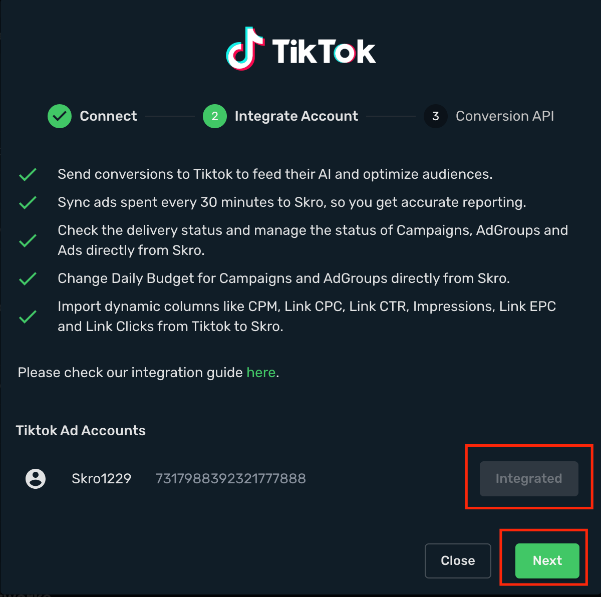 TikTok and Skro Integration step 4