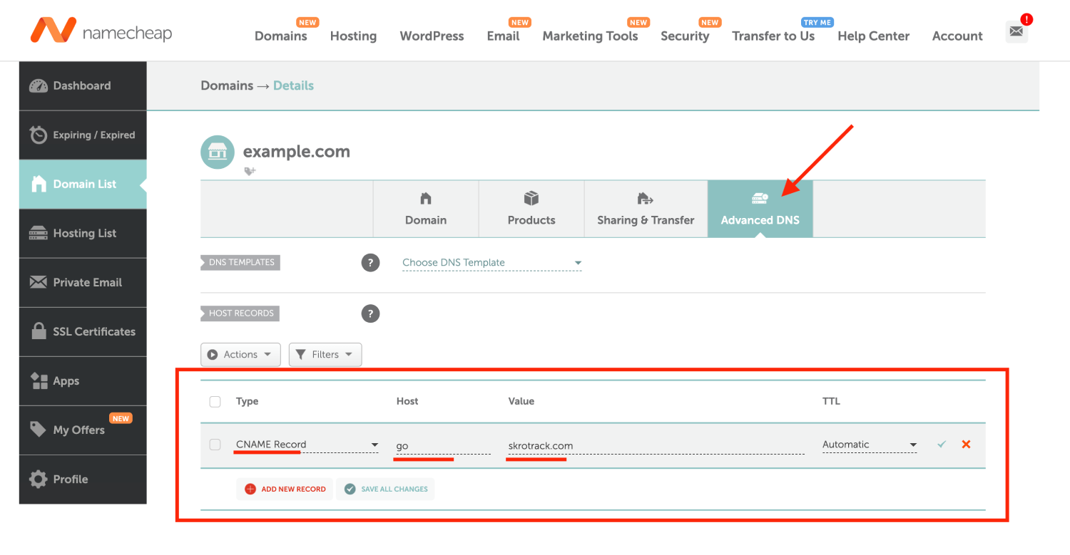 Namecheap CNAME record for a tracking domain