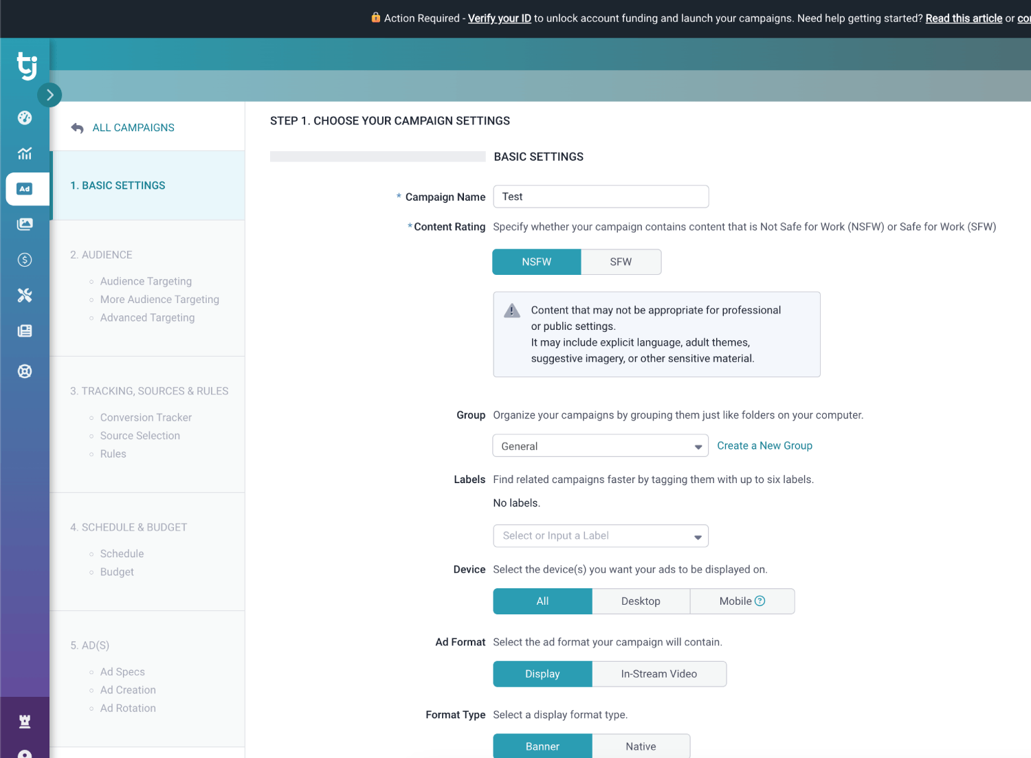 Step 2. Create a campaign on TrafficJunky.