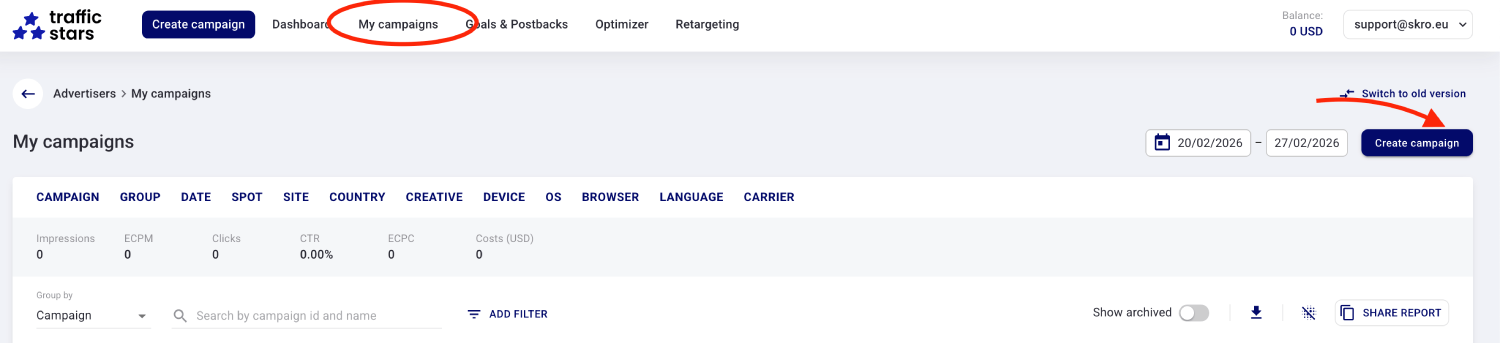 Step 1. Create a campaign on TrafficStars.