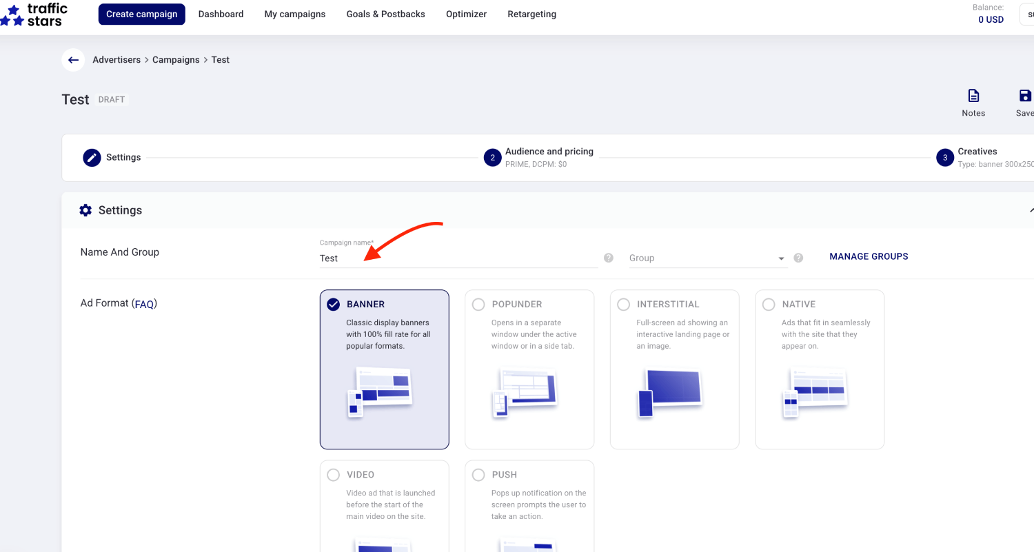 Step 2. Create a campaign on TrafficStars.
